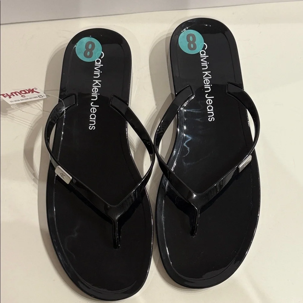 Calvin Klein Jeans Glossy Black Flip Flops thong sandals Women's NEW with tag - Picture 3 of 13